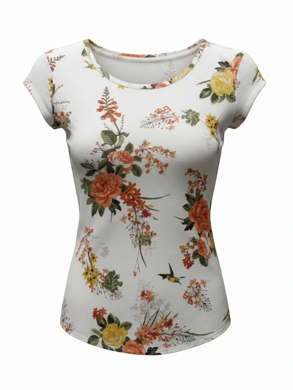 Floral Short-Sleeve Tee - White with Orange & Yellow Blooms